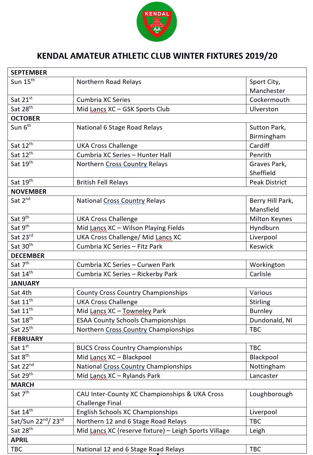WINTER FIXTURES 2019-20